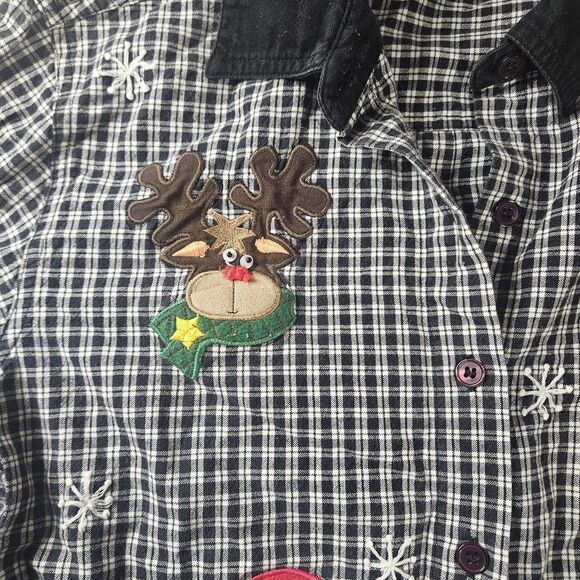Vintage Women S Christmas Button Up Black White Plaid Reindeer Santa Embroidered - Picture 4 of 13
